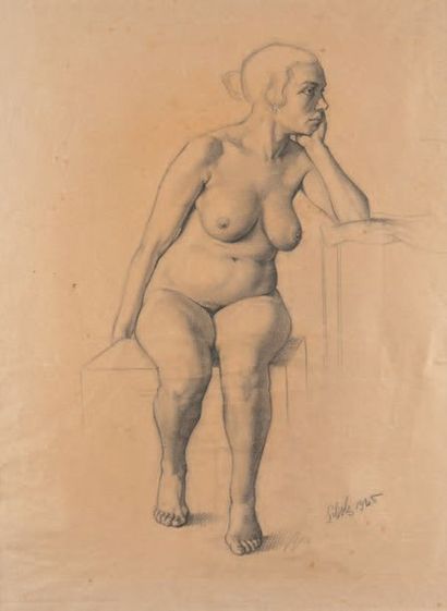 Georg SCHOLZ ou SCHULZ (1890-1945) Femme nue assise, 1925
Dessin au crayon noir et...