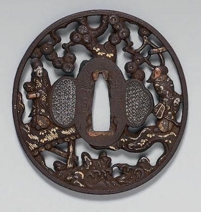 null Tsuba in openwork iron enhanced with gold, silver and copper, representing two...