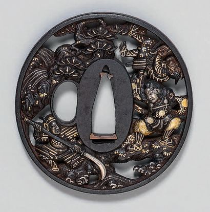 null Tsuba in openwork iron, enhanced with gold, silver, shakudo, representing a...