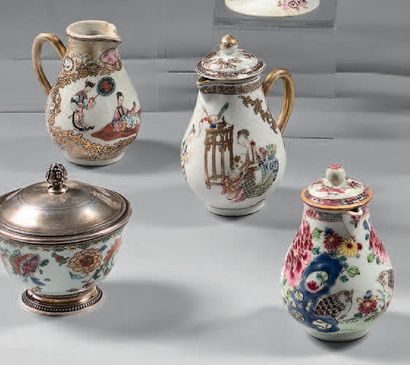 CHINE Set including seven different porcelain jugs: two teapots decorated with characters...