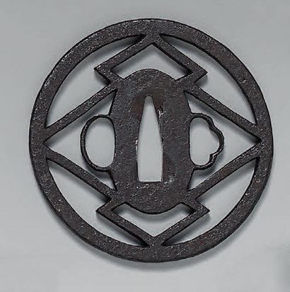 null Set of 3 Tsuba in openwork iron with geometric patterns, wheel, pine branches.
Signed:...
