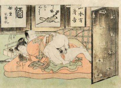 Koryusai Erotic scene Printmaking. End of the 18th century (wear and tear)
Chuban...