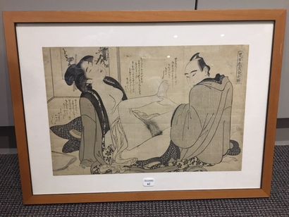 Katsukawa SHUNCHO Scène érotique Estampe. Fin du XVIIIème siècle (pliure, salissures)
38...