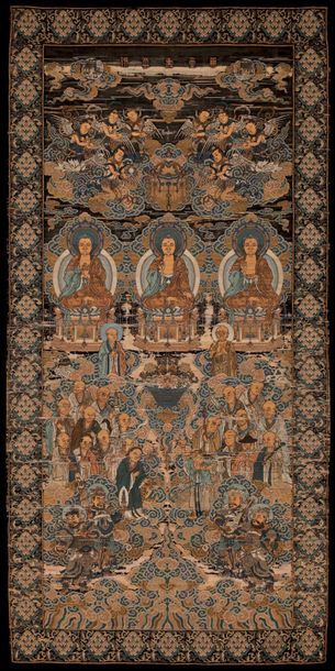 CHINE Large imperial panel in "Caizhi", woven in gold and polychrome threads on a...