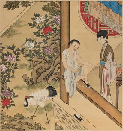 CHINE Deux peintures sur soie encre et couleurs à sujets érotiques représentant des...
