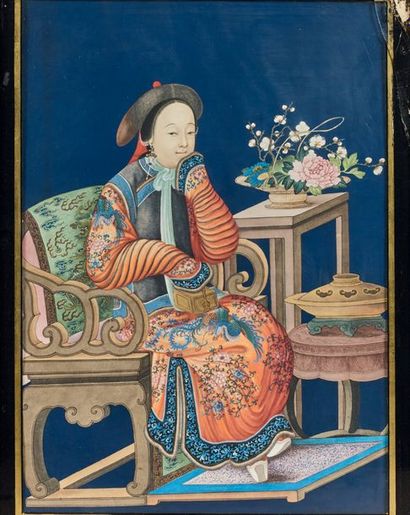 CHINE, CANTON Pair of gouaches on paper, couple of dignitaries sitting on a chair...