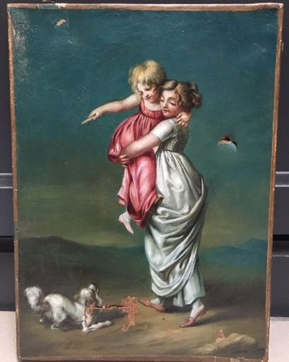 Dans le goût de Boilly 
Deux fillettes et un chien
Huile sur toile
33 x 24 cm
Ac...