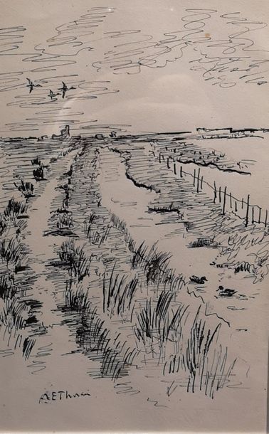 Pierre Emile THORAIN (1903-1983). Vol de canards au-dessus du marais. Encre sur papier...