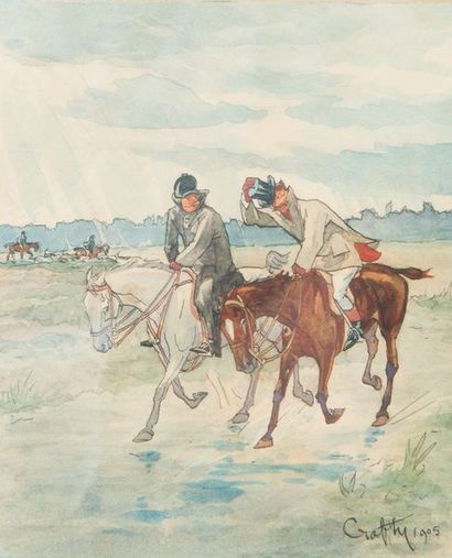 CRAFTY (Victor Geruzez 1840 – 1906). Les deux cavaliers sous la pluie. Fine aquarelle...