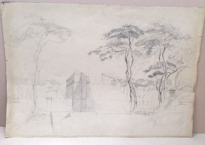 Auguste Borget(1809-1877) un paysage avec arbres, dessin, 47 x 69 cm