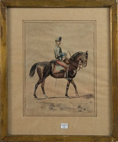 null Dessin aquarellé représentant un officier de chasseurs à cheval, signé « E....