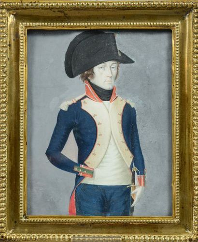 null Grande miniature rectangulaire sur vélin, portrait d’un officier d’infanterie...