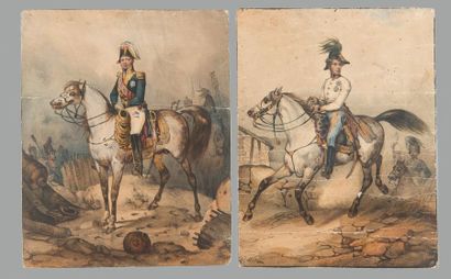 null Trois gravures rehaussées à l’aquarelle : portraits de militaires par A. D’Auriac....