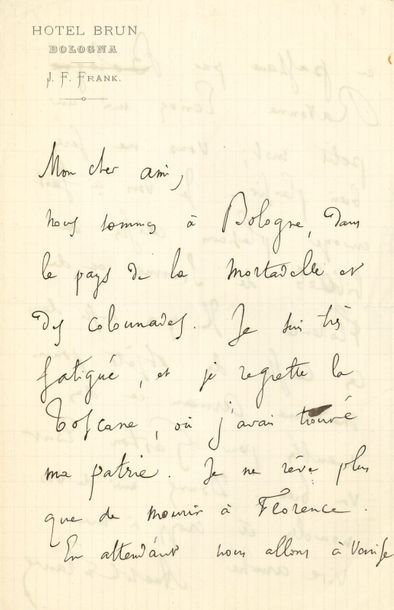 Anatole FRANCE 2 L.A.S.; 2 et 1 pages in-8, en-têtes.
Hôtel Brun Bologna, [à Albert...