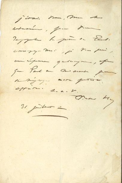 VICTOR HUGO L.A.S. "Victor H.", July 31[circa 1835-1840], to Anténor Joly; half page...