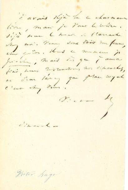 VICTOR HUGO L.A.S. "Victor H.", Sunday[circa 1845 ?], to a poet; half page in-8.
"I...