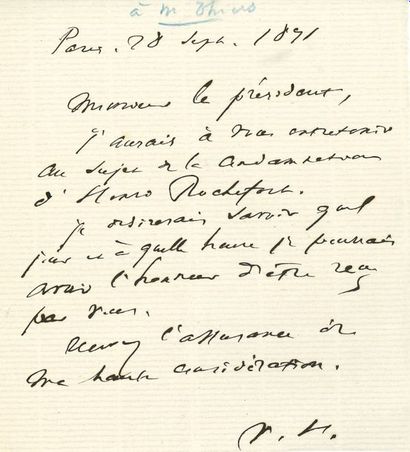 VICTOR HUGO L.A.S. "V.H." (minute), Paris 28 September 1871,[to Adolphe Thiers, President...