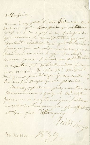 [Victor HUGO]. Juliette DROUET (1806-1883) P.A., 30 novembre 1839; 2 pages in-8.
Copie...