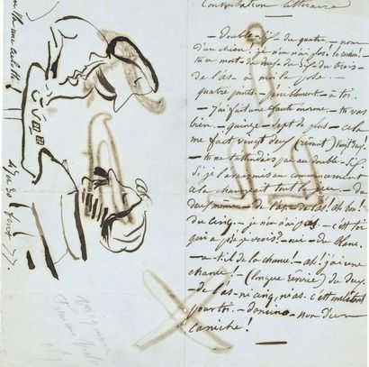 [Victor HUGO]. Juliette DROUET Manuscrit autographe avec 2 dessins à la plume, Conversation...