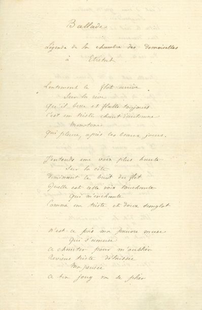 Guy de maupassant (1850-1893) Autograph poem, Ballade.
Legend of the ladies' room...