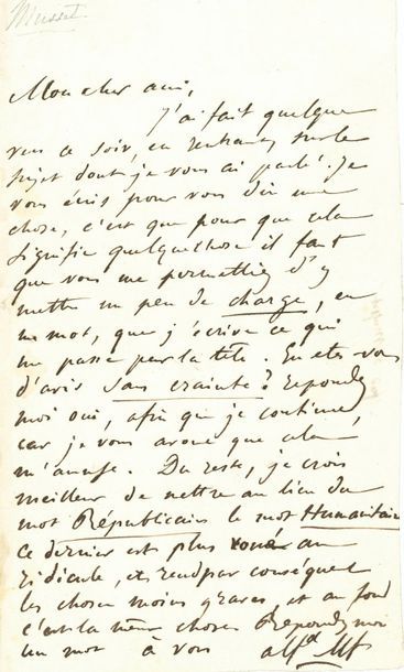 Alfred de MUSSET L.A.S. "Alfd Mt",[1838, to François Buloz]; 1 page in-8.
About his...