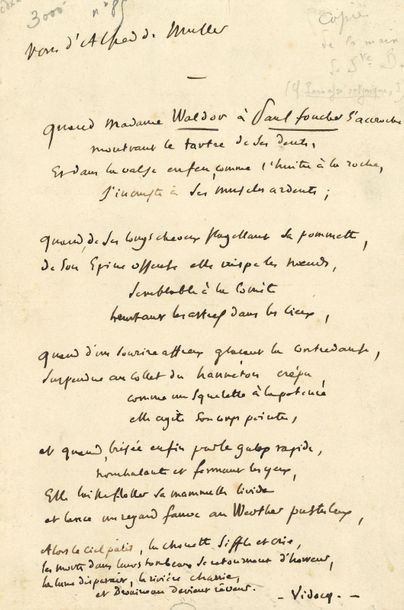 [Alfred de MUSSET]. Charles SAINTE-BEUVE Autograph manuscript, Vers d'Alfred de Musset;...