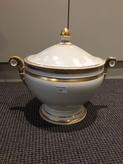 PARIS Circular covered soup tureen in porcelain with two handles treated in winding,...