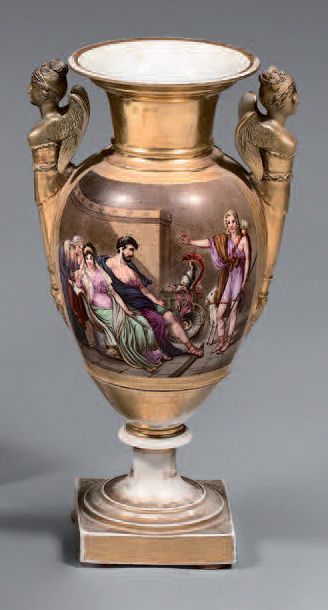 PARIS Baluster vase on porcelain pedestal with two handles depicting winged women...