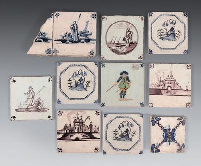 DELFT Lot de carreaux muraux à décors divers en bleu ou manganèse de bateaux, personnages,...