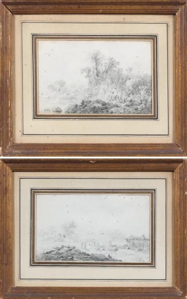 Jean PILLEMENT (Lyon 1728 - 1808) Paire de paysages animés Crayon noir. 8, 5 x 15...