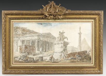 Hubert ROBERT (Paris 1733 - 1808) Caprice architectural: ruines romaines animées...