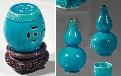 CHINE Paire de petits vases double gourde et tabouret de jardin miniature ajouré...