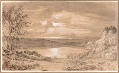 Nicolas Didier BOGUET (Chantilly 1755-Rome 1839) 
Coucher de soleil sur un lac
Plume...