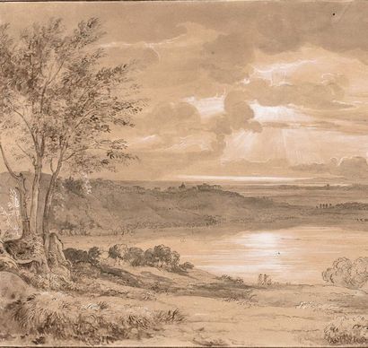 Nicolas Didier BOGUET (Chantilly 1755-Rome 1839) 
Coucher de soleil sur un lac
Plume...