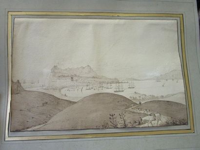 École Française du XIXe siècle 
Vue de Gibraltar
Plume et encre brune, lavis gris...