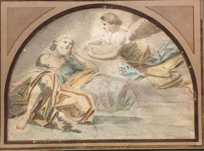 Ecole Italienne du XVIIIe siècle 
Le songe de saint Pierre
Lavis gris et brun, aquarelle,...
