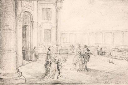Gabriel de SAINT AUBIN (Paris 1724-1780) 
Élégante assemblée devant le Colisée de...