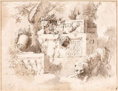 Ecole ITALIENNE vers 1780 
Fontaine antique au lion, vase et frise
Plume et encre...