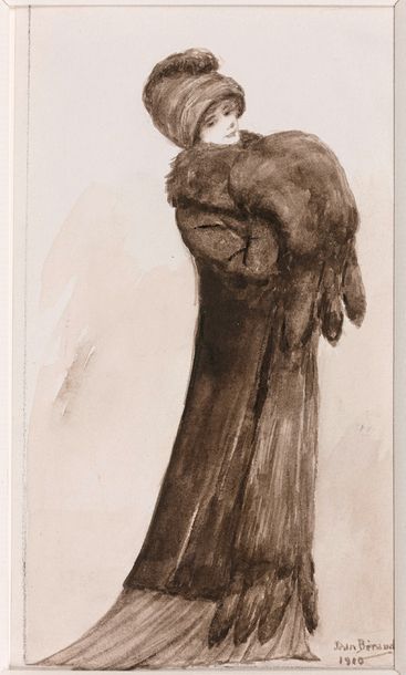 Attribué à Jean BERAUD (1849-1935) 
Élégante au manchon
Lavis brun. PORTE une signature...