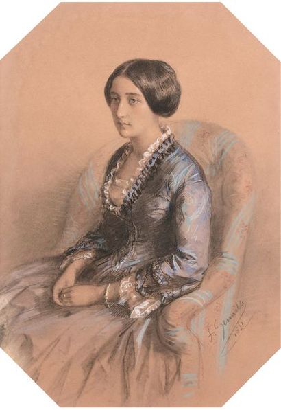 Félix François GENAILLE (Monceau les Leups 1826 - 1880) 
Portrait d'une femme assise
Crayon...