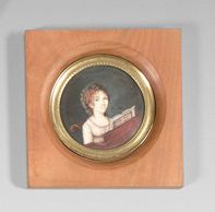 École FRANÇAISE vers 1810 
Portrait d'une femme au piano-forte
Gouache sur ivoire....
