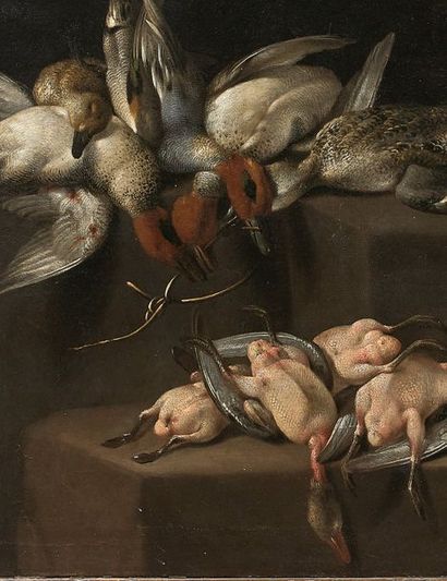 Evaristo BASCHENIS (Bergame 1617-1677) 
Poultry on an entablature
Canvas.
90,5 x...