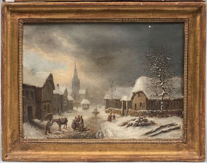 Louis Claude MALBRANCHE (Caen 1790-1838) 
Paysage d'hiver au voleur
Entrée d'un village...