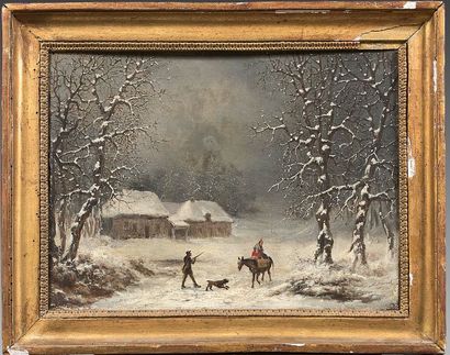 Louis Claude MALBRANCHE (Caen 1790-1838) 
Paysage d'hiver au voleur
Entrée d'un village...