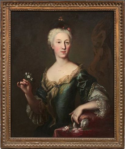 Attribué à Jacopo AMIGONI (1682-1752) 
Portrait de femme aux fleurs
Toile.
86,5 x...