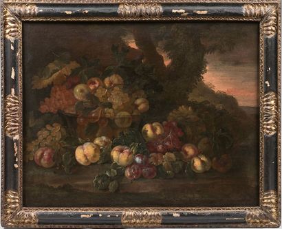 Attribué à Giovanni Paolo CASTELLI, dit Lo SPADINO (1659-1730) 
Fruit bowl in a landscape
Canvas...