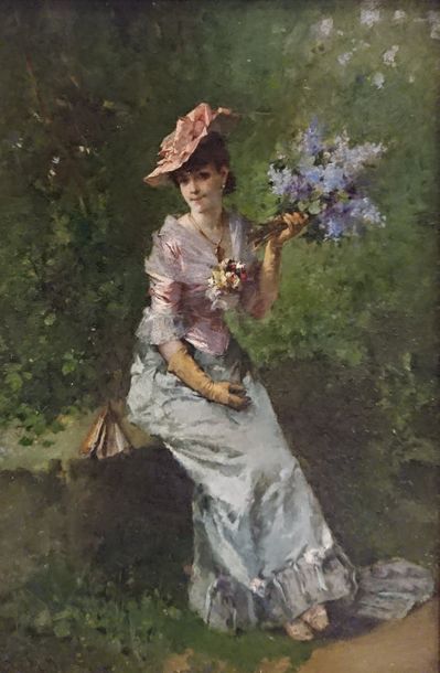 Raimundo de MADRAZO Y GARRETA (Rome 1841 - Versailles 1920) 
Jeune femme aux lilas
Panneau,...