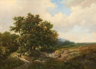 Marinus Adrianus KOEKKOEK (Middelbourg 1807 - Amsterdam 1868) 
Paysage aux promeneurs
Panneau...