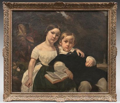 Alfred DEHODENCQ (Paris 1822-1882) 
Two children reading
On its original canvas....