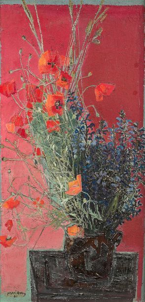 Edouard Georges MAC AVOY (1905-1991) 
Bunch of poppies and blueberries, 1961
Oil...